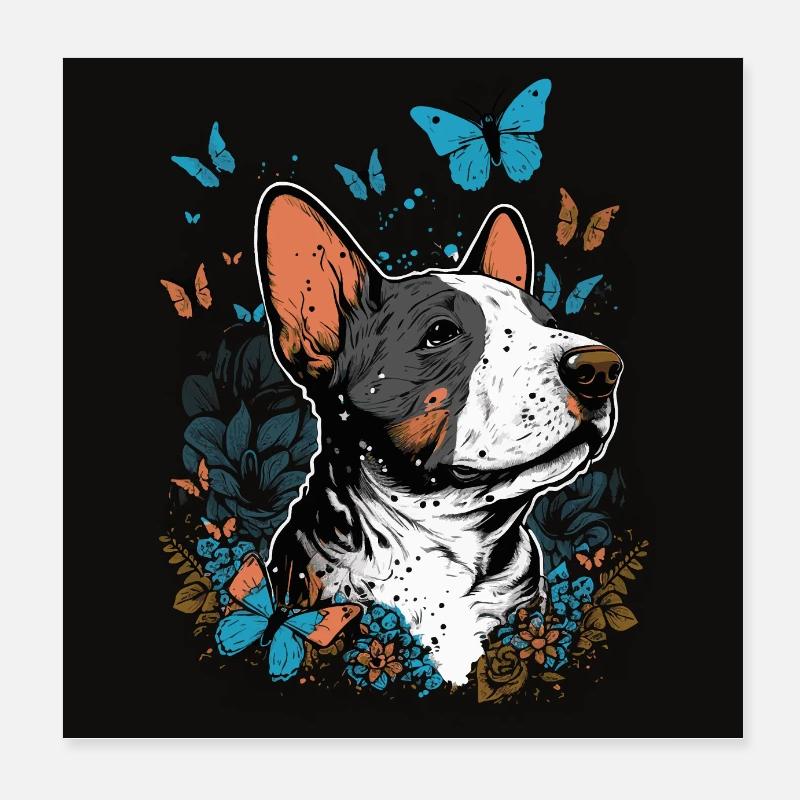Cheerful bull terrier with butterflies Poster 8" x 8" (20x20 cm)