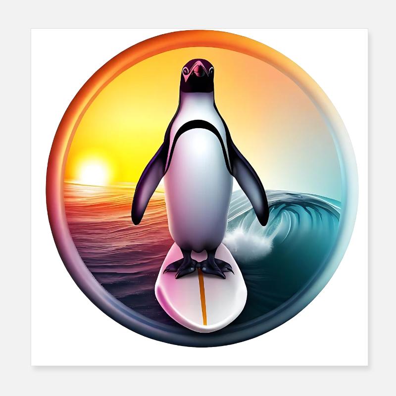 Penguin Surfer Sunset Poster 8" x 8" (20x20 cm)