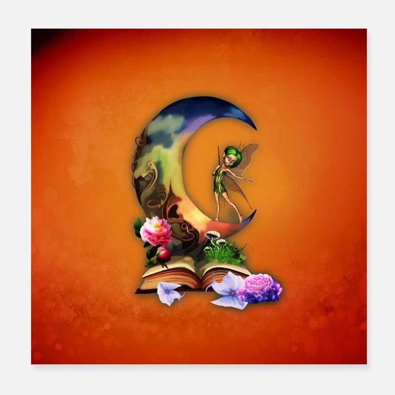Fée sur la lune sortant du livre - Poster 20 x 20 cm - blanc