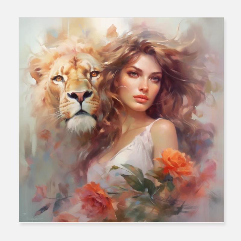 Blumenelfe mit Krafttier Löwe Poster 20x20 cm