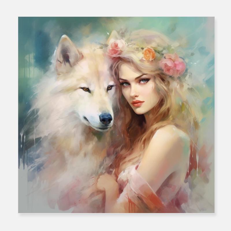 Blumenelfe mit Krafttier Wolf - Poster 20x20 cm - Weiß