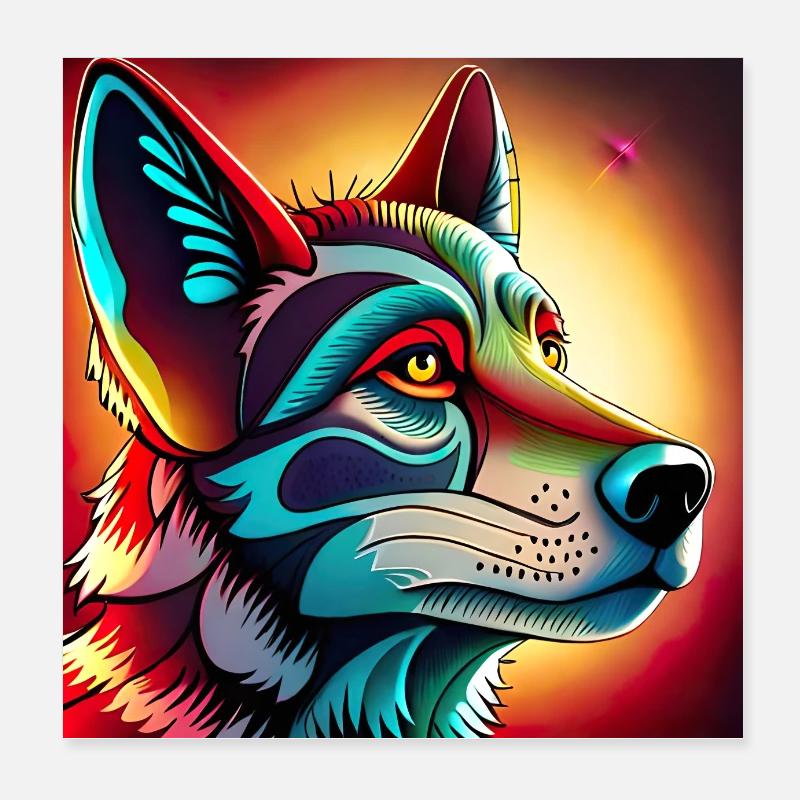 Wolf Kopf DMT Art style Poster 20x20 cm