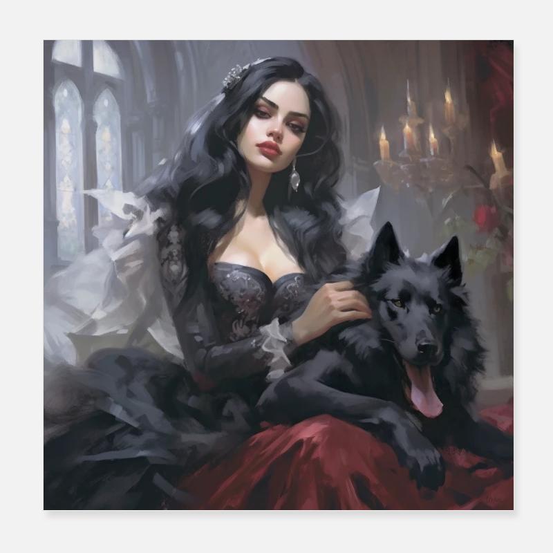 Gothic Lady with Wolf Poster 8" x 8" (20x20 cm)