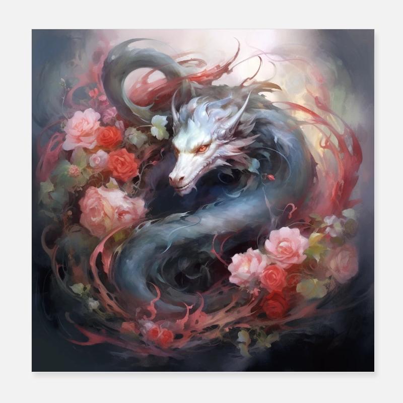 Drache mit Rosen - Poster 20x20 cm - Weiß