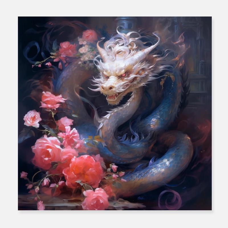 Drache mit Rosen - Poster 20x20 cm - Weiß