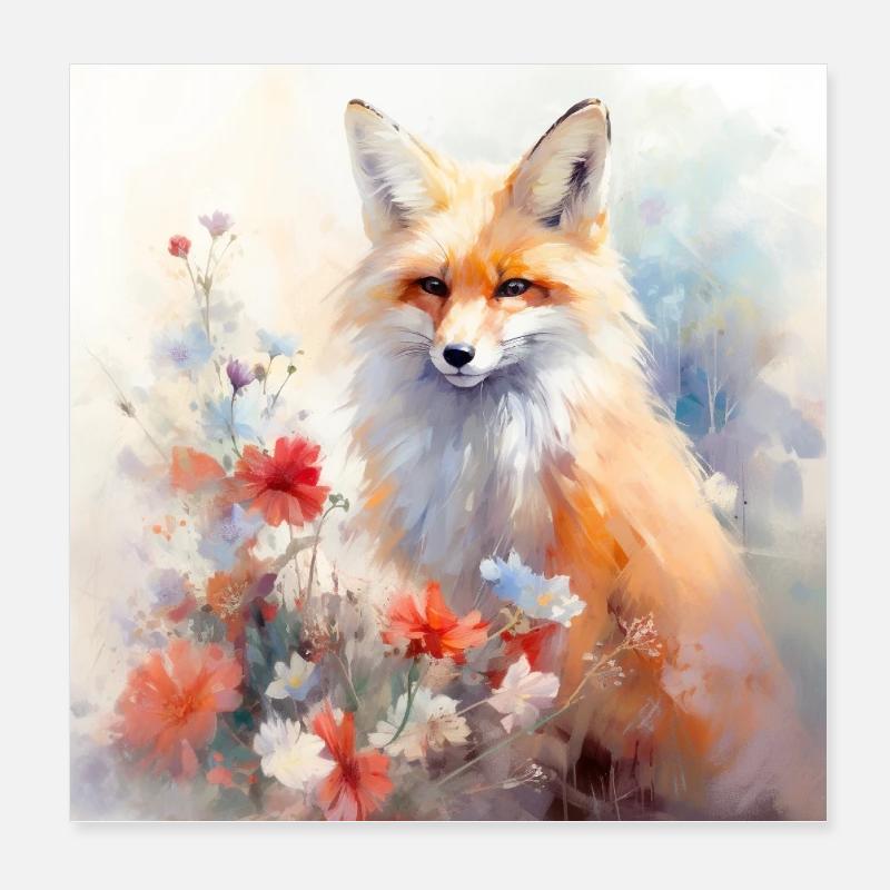Fuchs mit Blumen - Poster 20x20 cm - Weiß