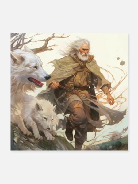 Druide mit Wölfen - Poster 20x20 cm - Weiß