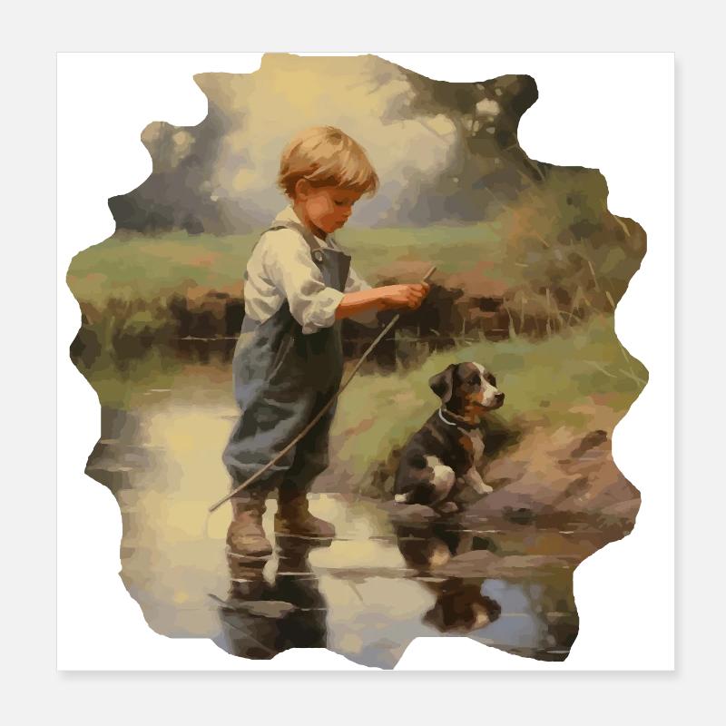 Garçon pêchant avec un cadeau de chien Poster 20 x 20 cm
