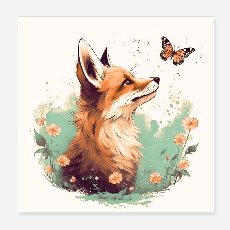Renard avec papillon Poster 20 x 20 cm