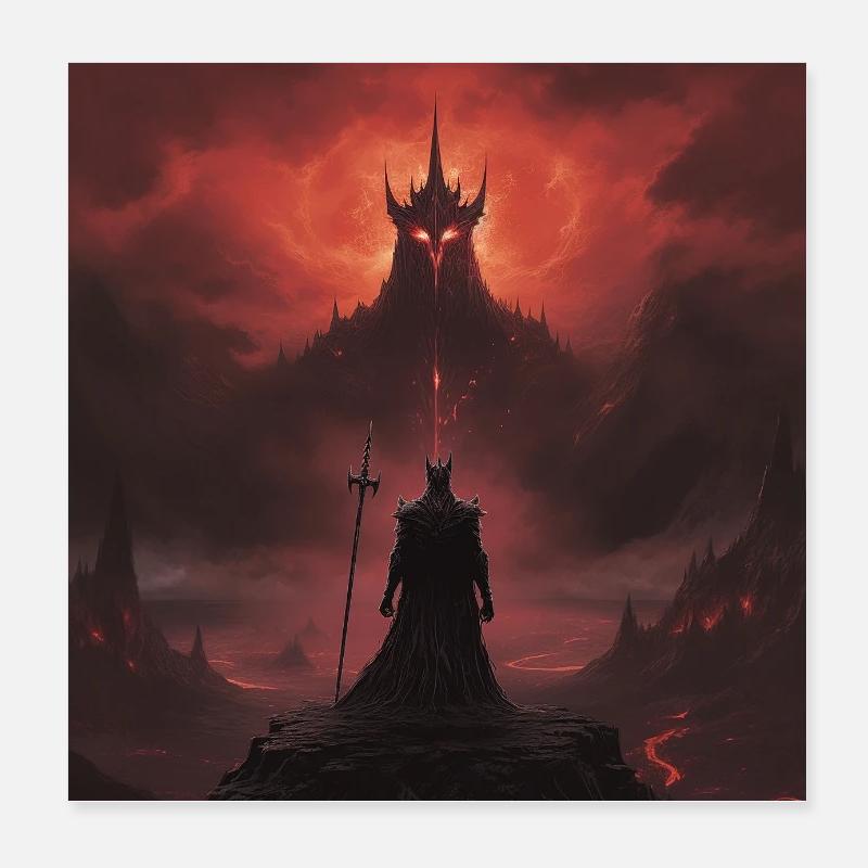 Dark warrior in front of a volcanic landscape Poster 8" x 8" (20x20 cm)