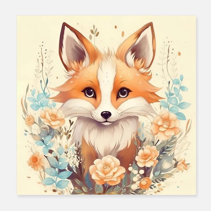 Renard coloré avec des fleurs Poster 20 x 20 cm
