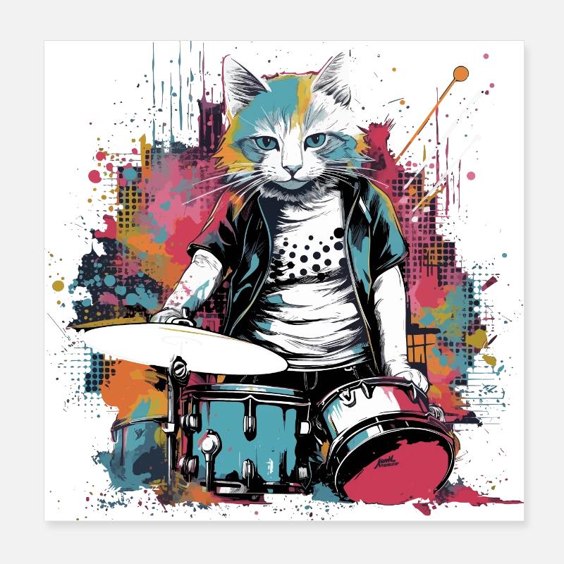 Cat Drummer Music Animal Drums Wild Cat Poster 20 x 20 cm