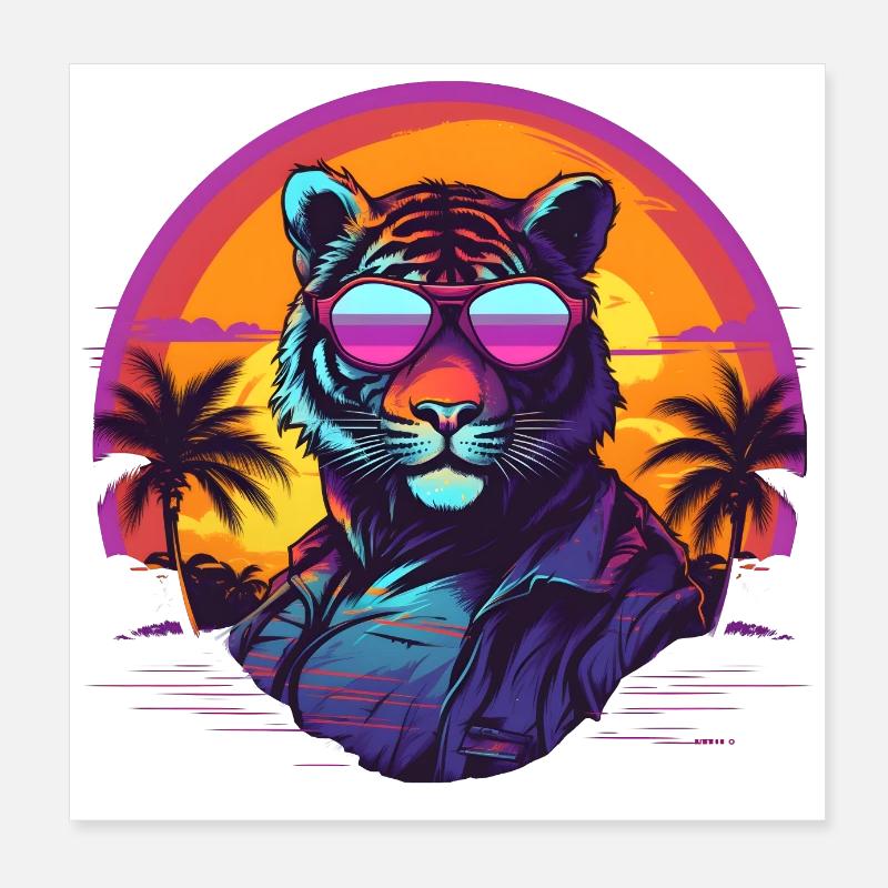 Synthwave Tiger Sunset - Poster 20x20 cm - Weiß