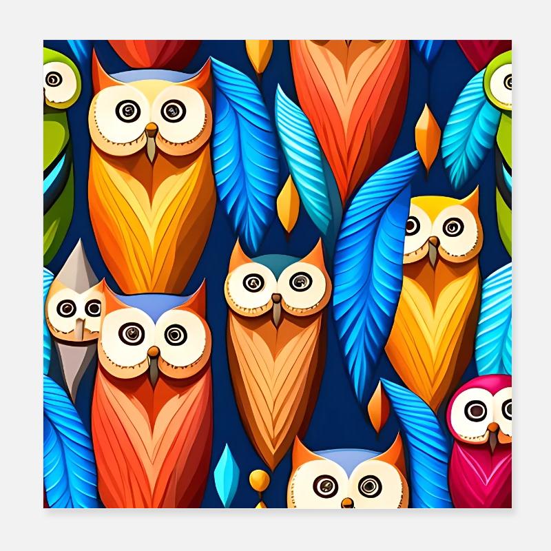 Colorful Owls Pattern Poster 8" x 8" (20x20 cm)