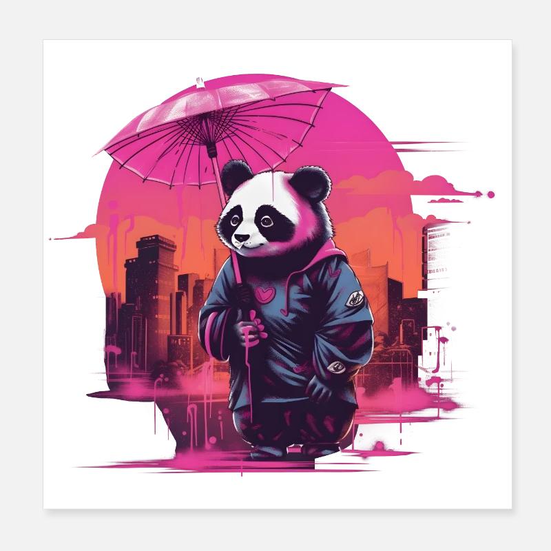 Synthwave Cute Asian Panda with umbrella Poster 8" x 8" (20x20 cm)