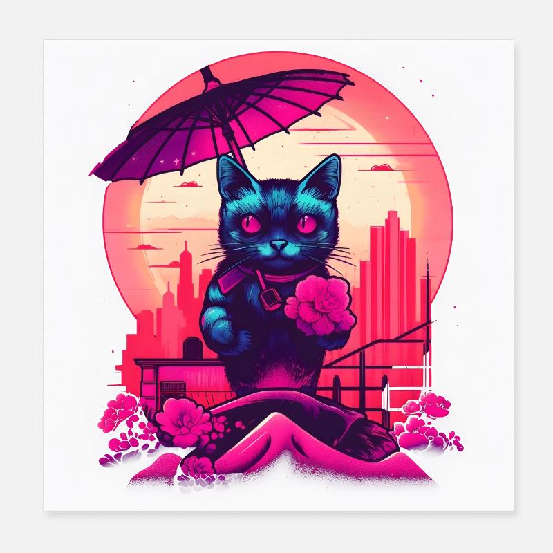 Synthwave japan Cat with umbrella Poster 8" x 8" (20x20 cm)