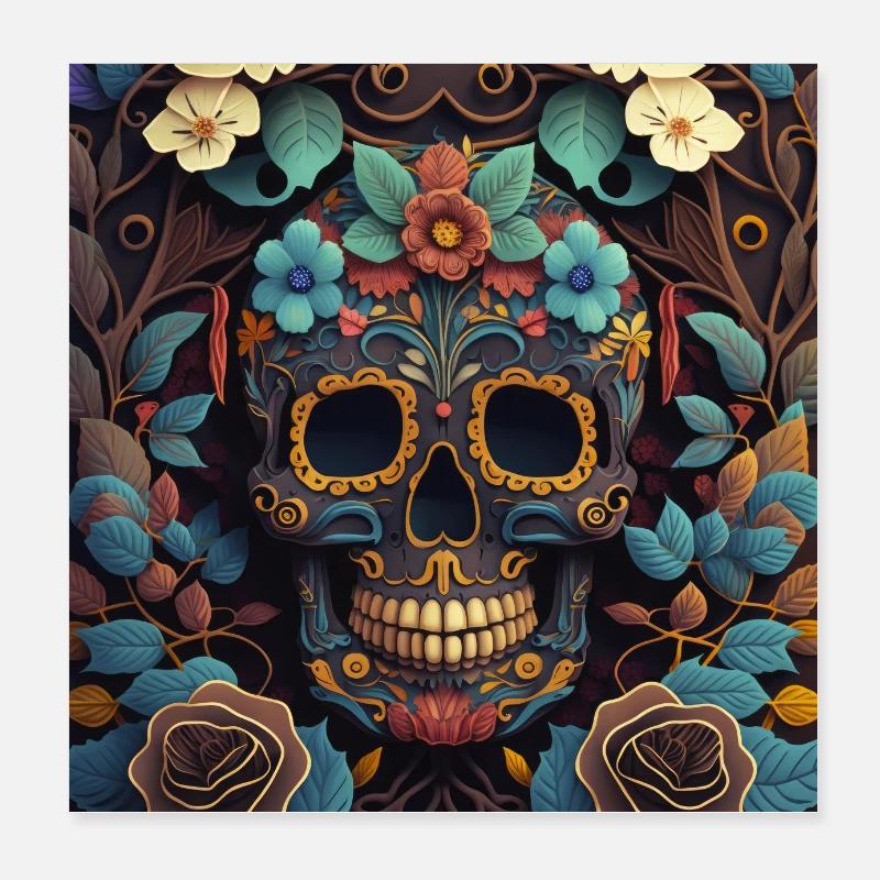 bunter Blumenschädel - Poster 20x20 cm - Weiß
