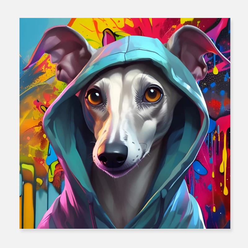 Whippet im Kapuzenpulli Graffiti-Künstler Poster 20x20 cm