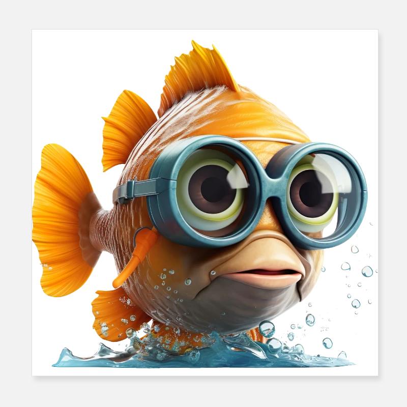 Funny fish with diving goggles Poster 8" x 8" (20x20 cm)