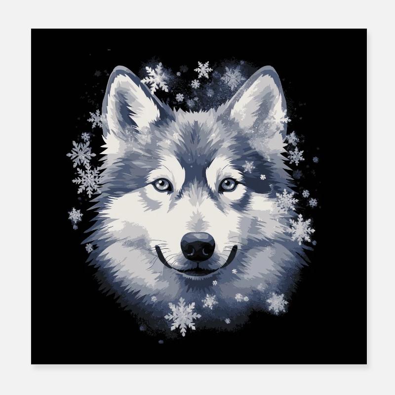 Chien husky et flocons de neige Poster 20 x 20 cm
