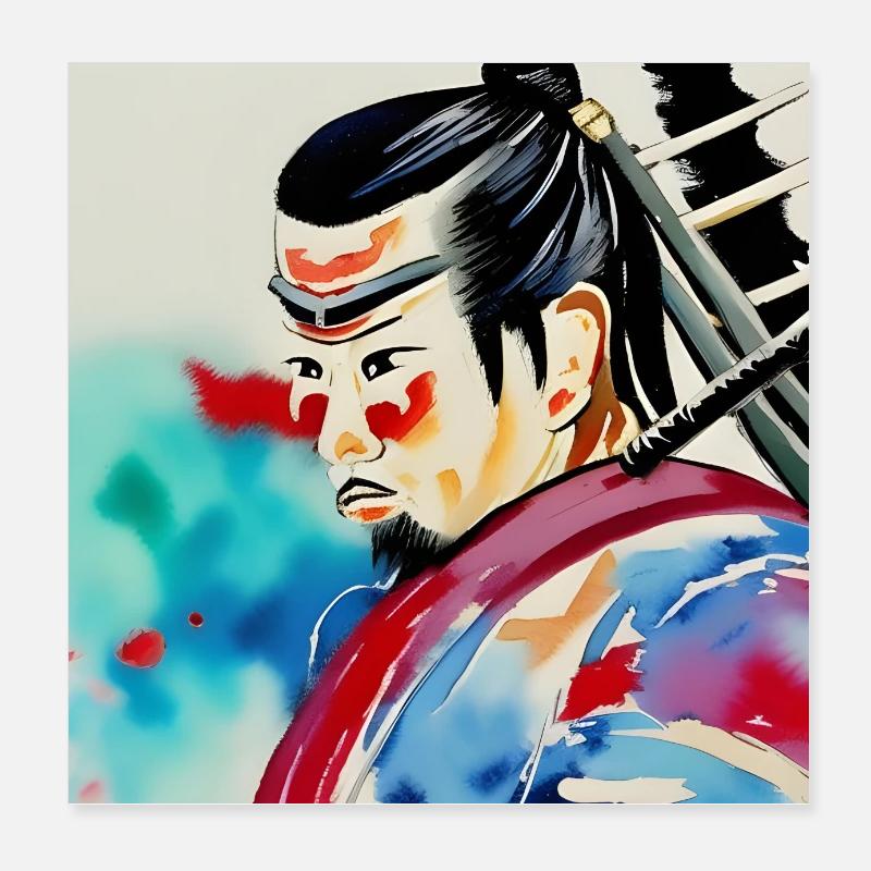 Porträt eines Samurai in Aquarell Poster 20x20 cm