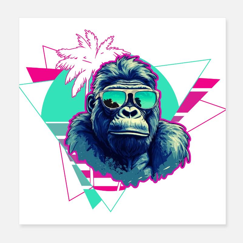 Gorilla with Sunglasses Retro Synthwave Poster 8" x 8" (20x20 cm)