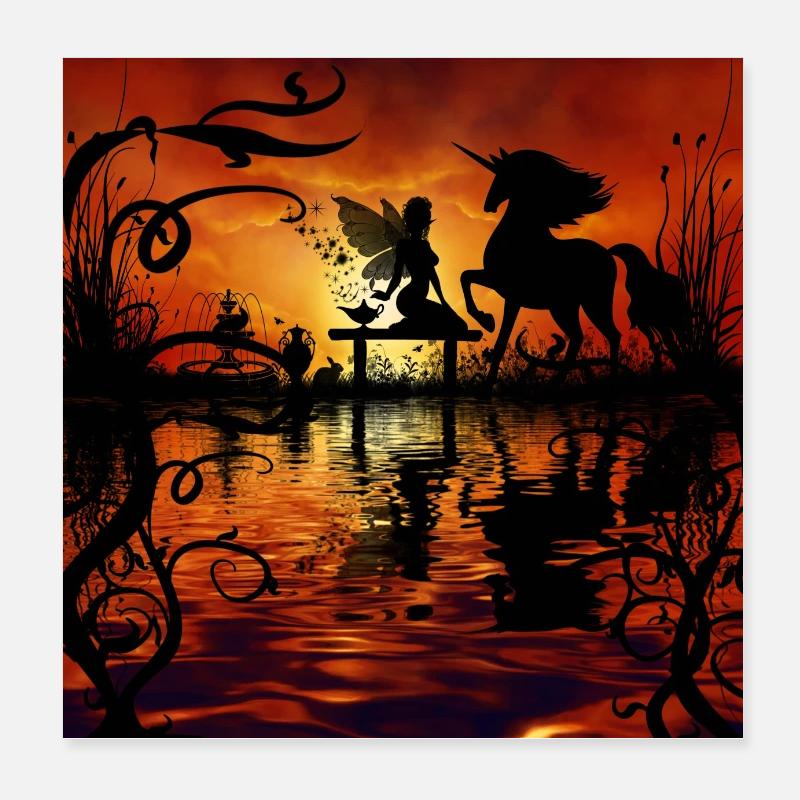 Wunderbare Fee mit Einhorn im Sunet. Poster 20x20 cm