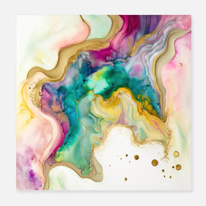 Rainbow Colors And Gold Paint Swirl Pattern Poster 8" x 8" (20x20 cm)