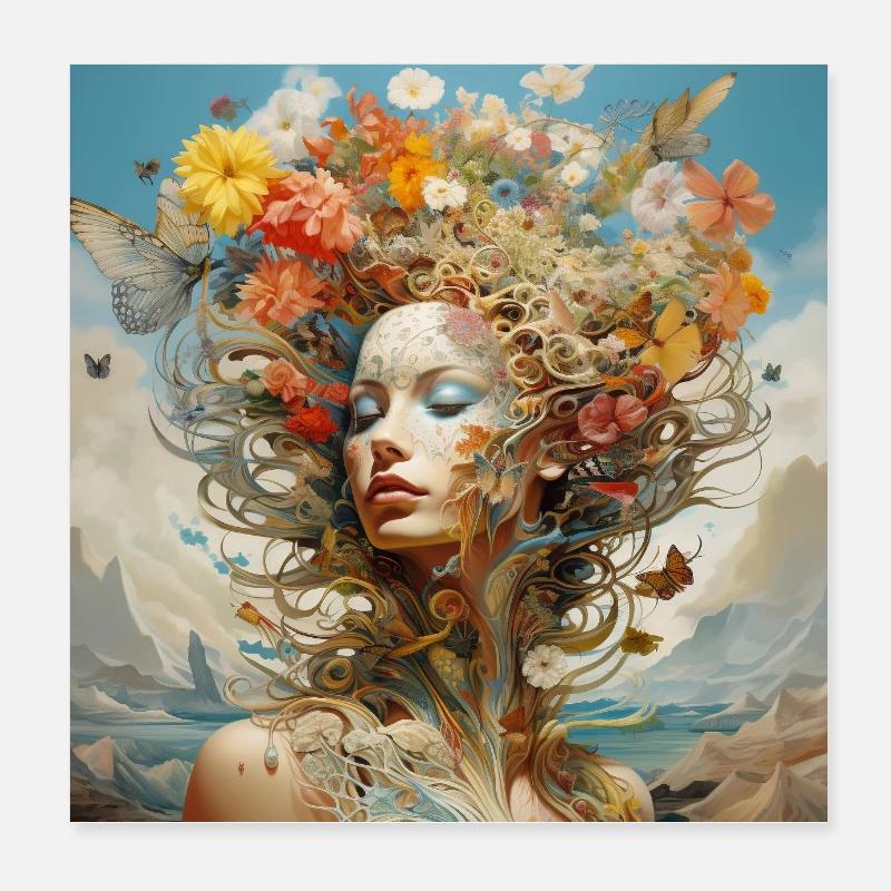 Dame colorée entourée de fleurs vives Poster 20 x 20 cm