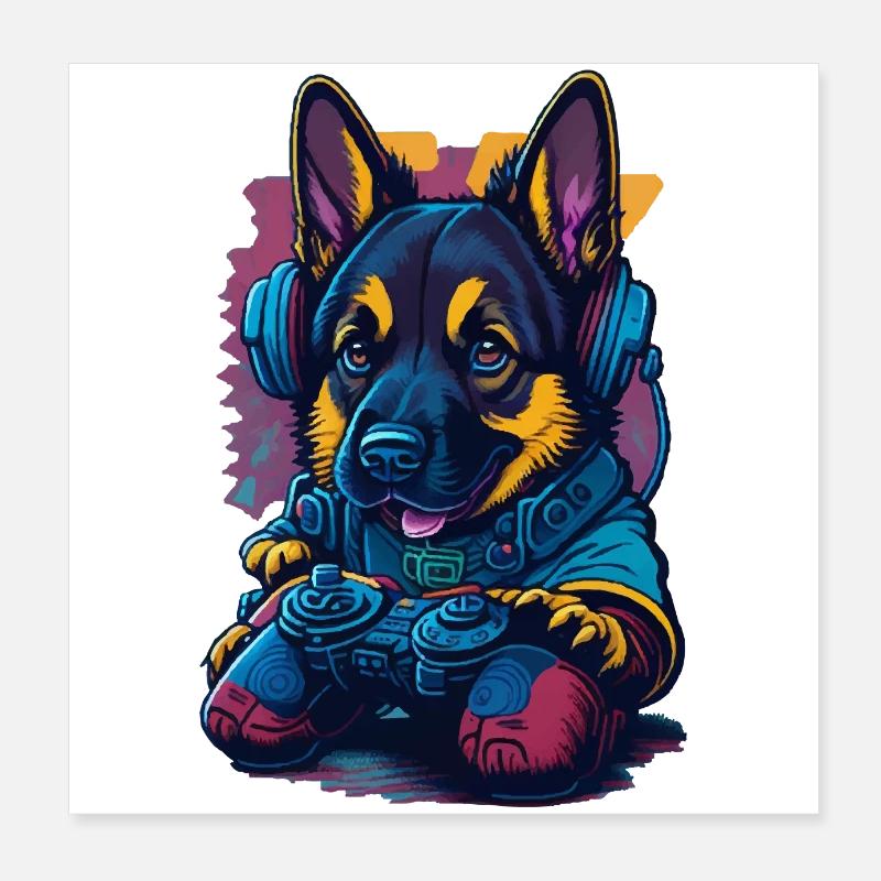 German Shepherd puppy plays with game control Poster 8" x 8" (20x20 cm)