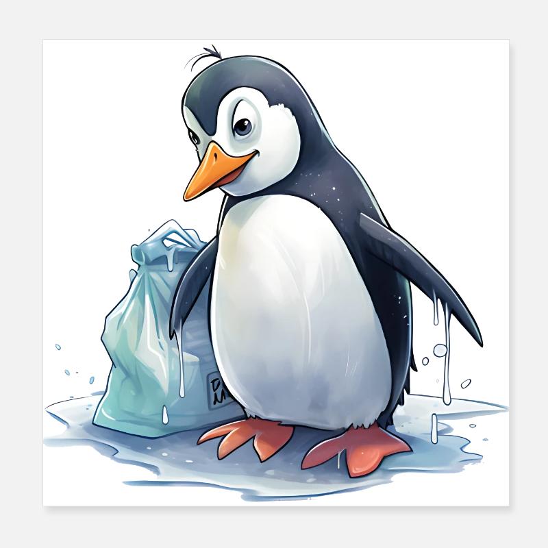 Penguin collecting garbage Poster 8" x 8" (20x20 cm)