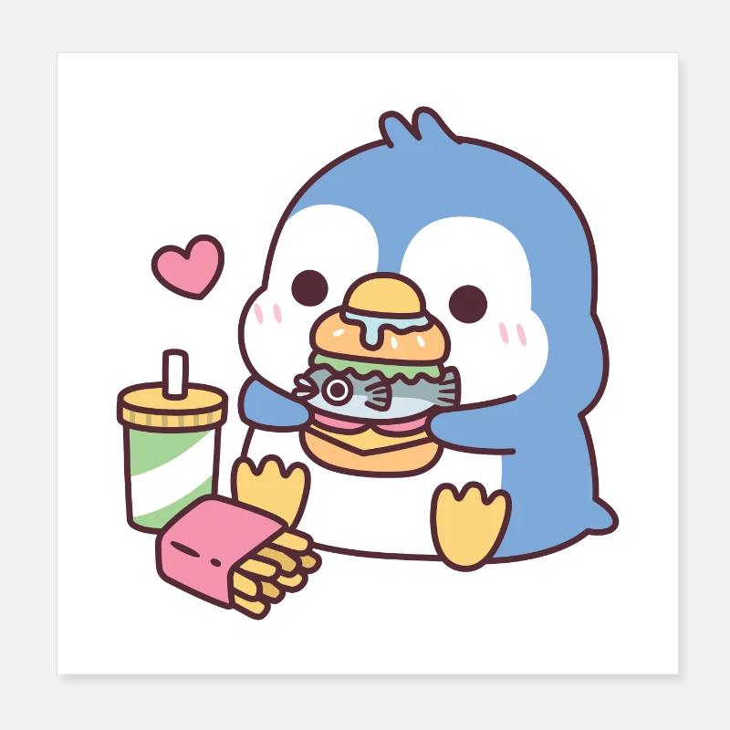 Mignon pingouin bleu mangeant du poisson Burger Poster 20 x 20 cm