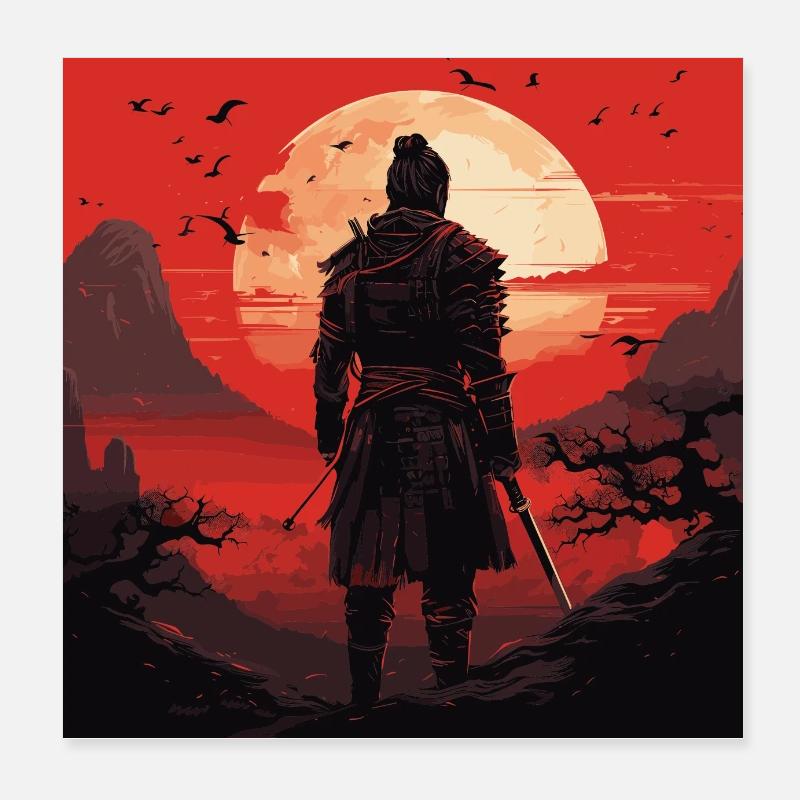 Samurai mit Katana - Poster 20x20 cm - Weiß