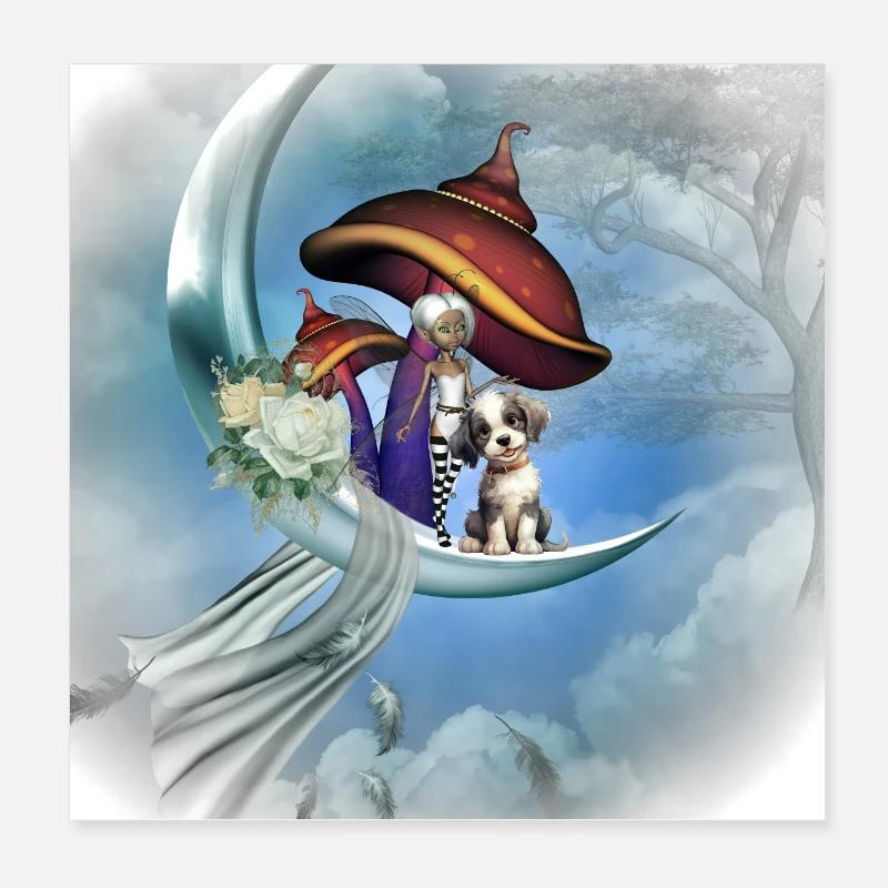 Fée mignonne avec son petit sur la lune - Poster 20 x 20 cm - blanc