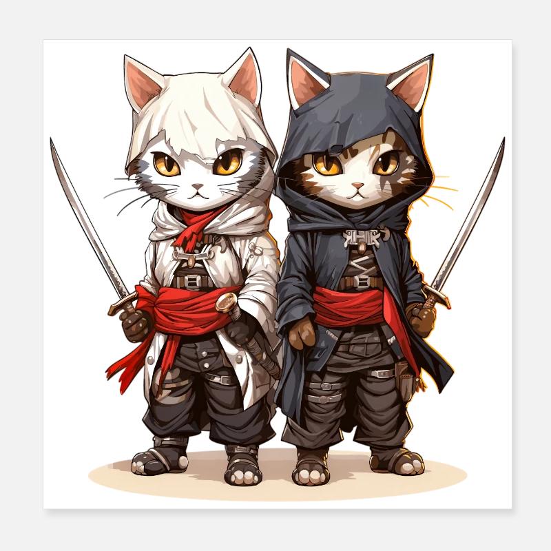 Two Samurai Cats Poster 8" x 8" (20x20 cm)