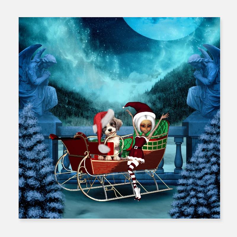 Cute Christmas puppy and moonlight elf Poster 8" x 8" (20x20 cm)