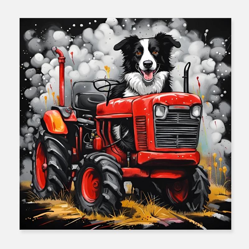 Border Collie Schäferhund auf einem Oldtimer-Traktor Poster 20x20 cm