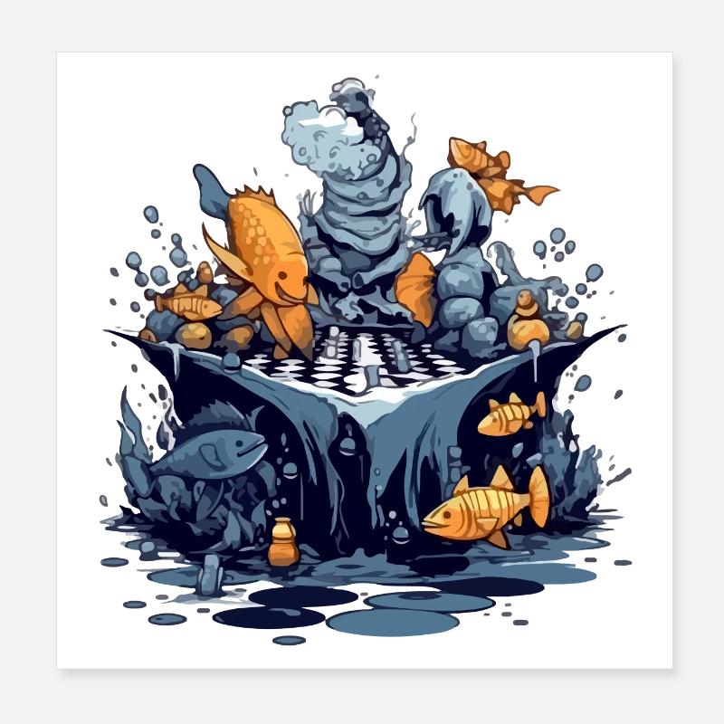 Fish play chess Poster 8" x 8" (20x20 cm)