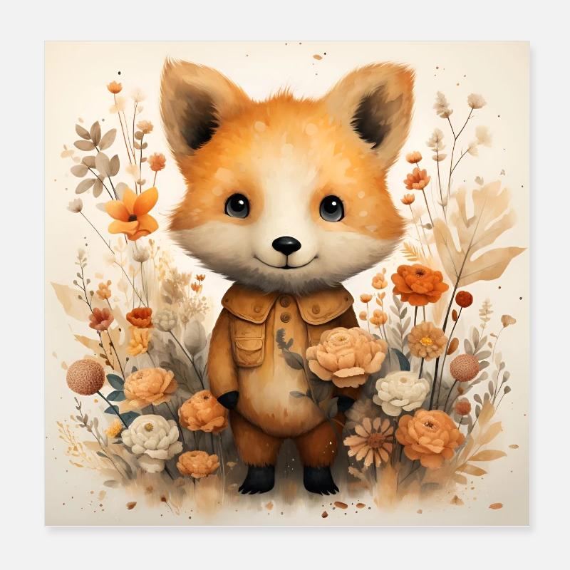 Fuchs mit Blumen - Poster 20x20 cm - Weiß