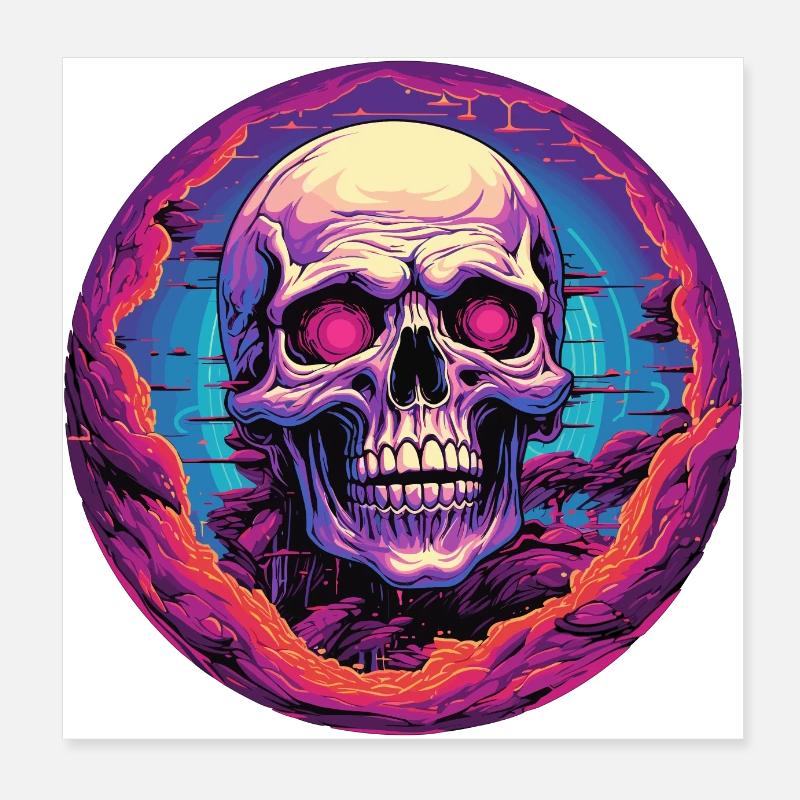 Synthwave Sunset Retro Cyber Skull - Poster 20x20 cm - Weiß