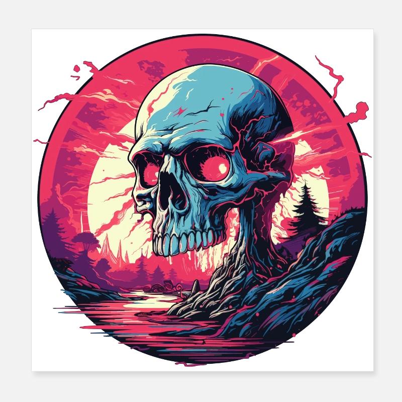 Surréaliste Retro Cyber Skull Synthwave Sunset Poster 20 x 20 cm