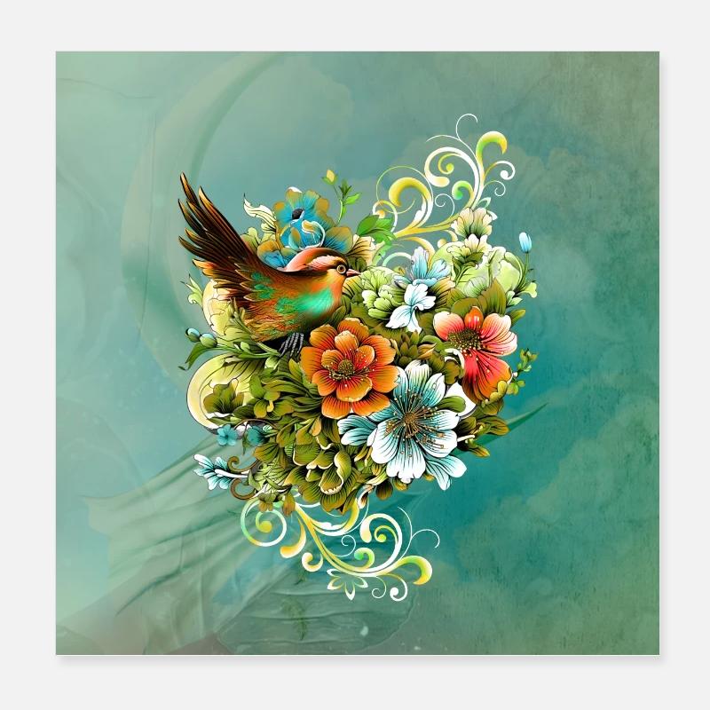 La beauté des oiseaux et des fleurs ensemble. Poster 20 x 20 cm