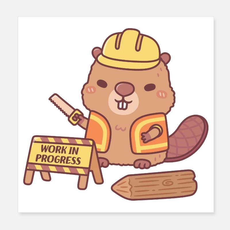 Cute Beaver Construction Cartoon Work In Progress Poster 8" x 8" (20x20 cm)