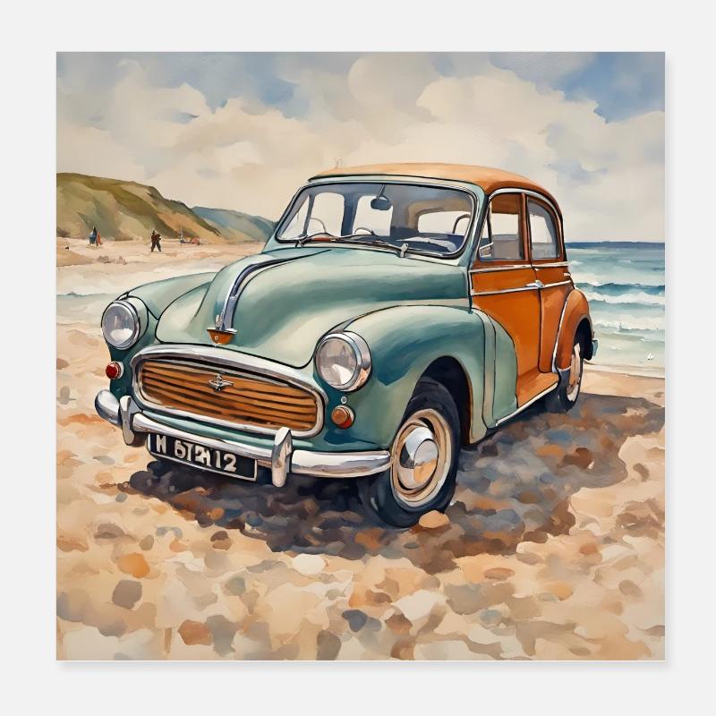 Morris Minor Britisches Auto Retro Strand Kunst Poster 20x20 cm