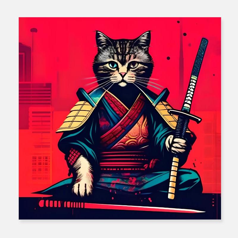 Samurai Katze - Poster 20x20 cm - Weiß
