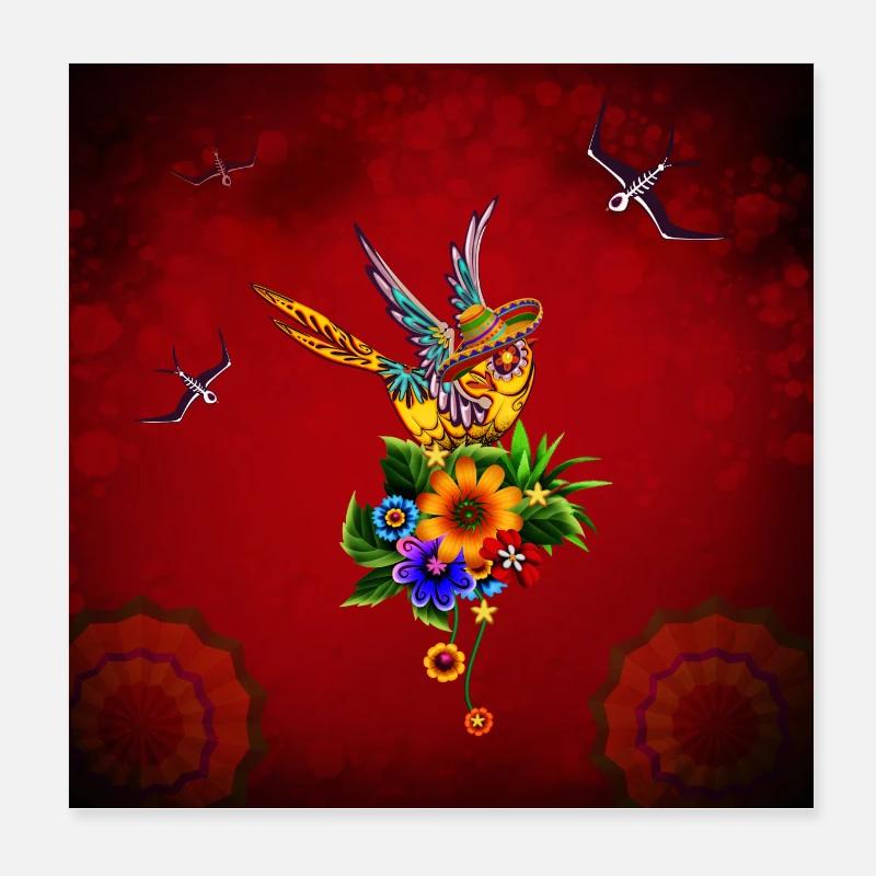 Funny sugar skull bird with hat Poster 8" x 8" (20x20 cm)