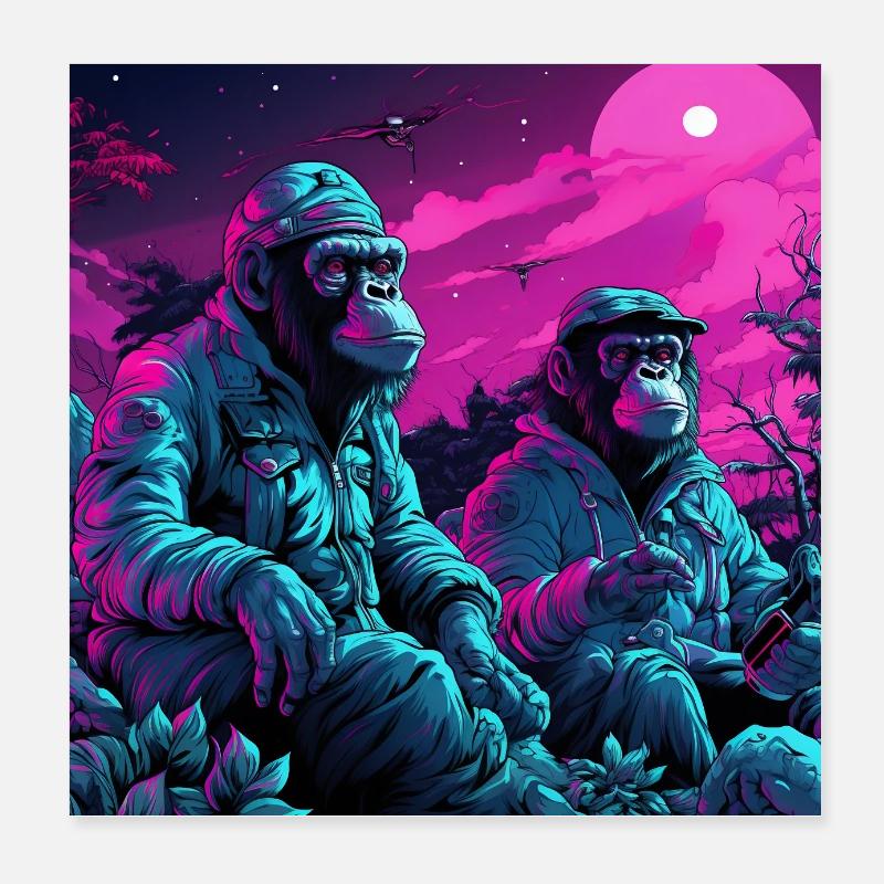 Neonfarbene stilisierte Affen Poster 20x20 cm
