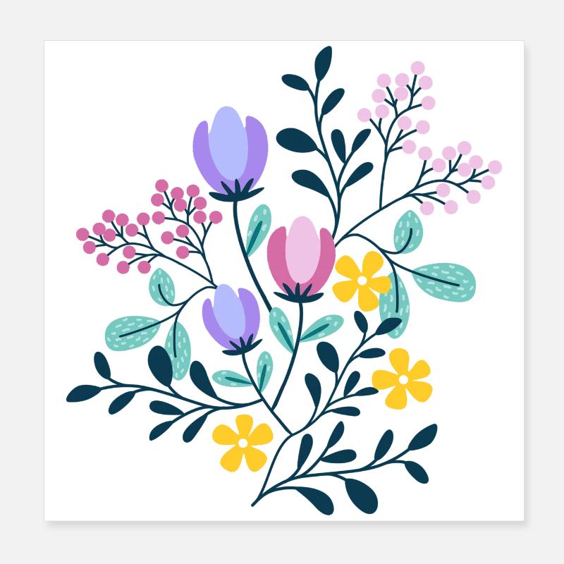 Rose, Violet et Jaune FLEURS Poster 20 x 20 cm