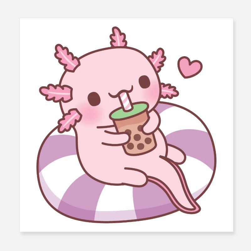Cute Axolotl Chilling On Pool Float Drinking Boba Poster 8" x 8" (20x20 cm)