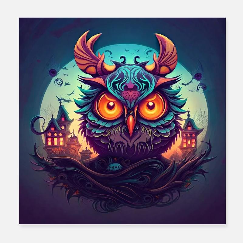 Halloween EULE -NEON EDITION (Handgezeichnet) - Poster 20x20 cm - Weiß
